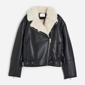 H&M Black Leather Jacket with Cream Collar